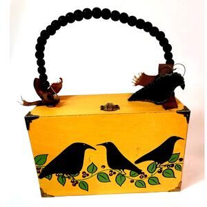 Black Bird Decorative Wooden Box Yellow Black Beaded Handle Storage Function